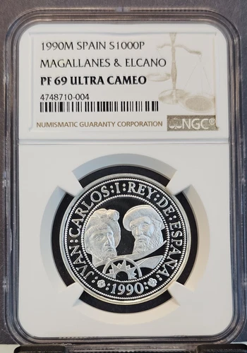 1990 SPAIN SILVER 1000 PESETAS MAGALLANES & ELCANO NGC PF 69 ULTRA CAMEO TOP POP