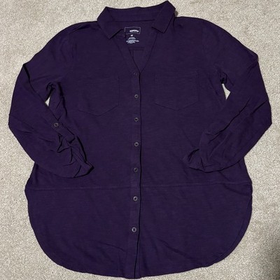 Sonoma Womens Button Up Blouse Top V-Neck Collared Roll Tab Sleeve Purple, Sz M