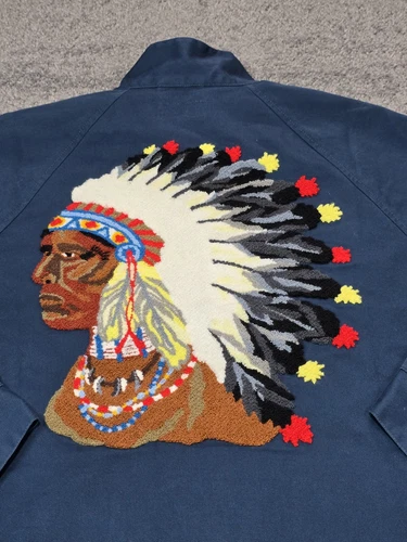 RARE Veste Supreme Chief Harrington homme grand bleu indien indigène bombardier