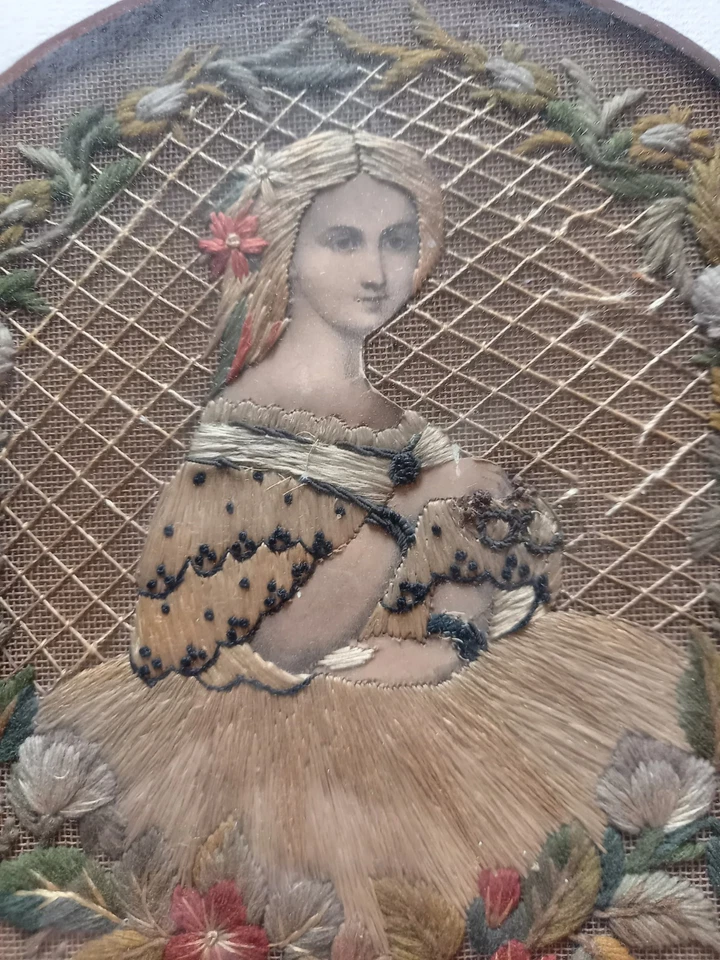 Framed 19th Century embroidery of a young woman set in a floral wreath - Image 3 of 4