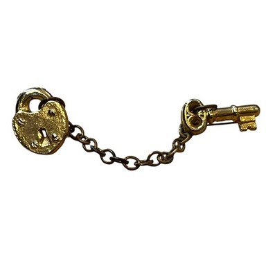 VINTAGE JEWELRY BROOCH PIN KEY HEART LOCK CHAIN GOLD TONE METAL