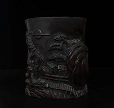 Old Chinese Zitan Wood Brush Pot With Figure