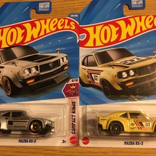 HOT WHEELS 2025 #243 YELLOW & 2026 #106 GRAY MAZDA RX-3 LOT OF 2