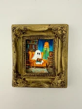 Charming Mini Ghost Oil Painting in an Elegant Frame - Handcrafted Halloween Dec