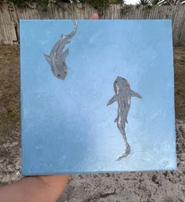 Sharks Original Hand Painted Impasto Oil Painting 12x12 Canvas Signed 
