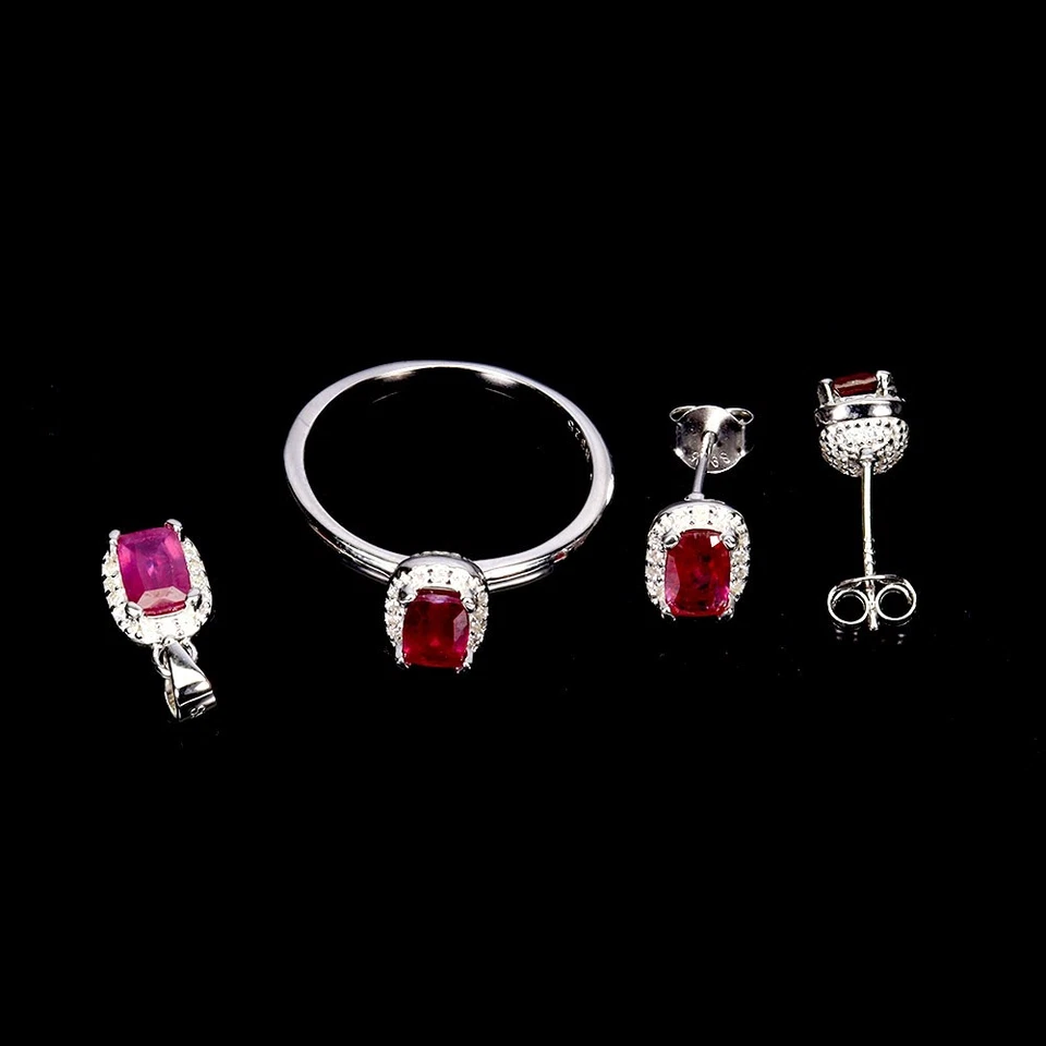 925 Argento Sterling Set Ciondolo Orecchini Anello Antico Ruby 6x4mm Gemma Sz 8 - Immagine 2 di 4