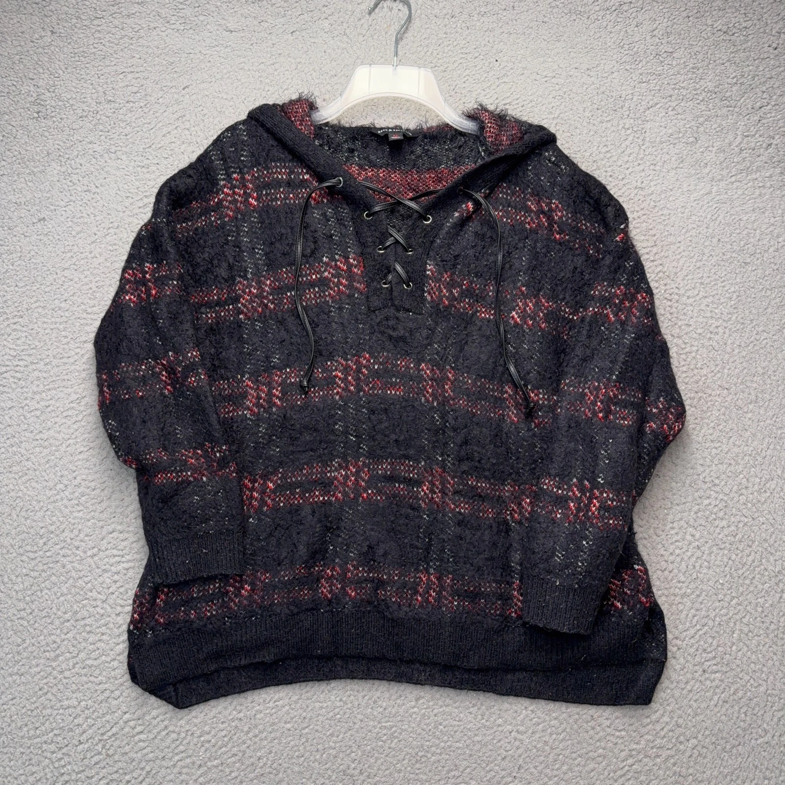 Rock & Republic Hoodie Sweater Womens XL Black Red Plaid Lace Up Pullover Fuzzy