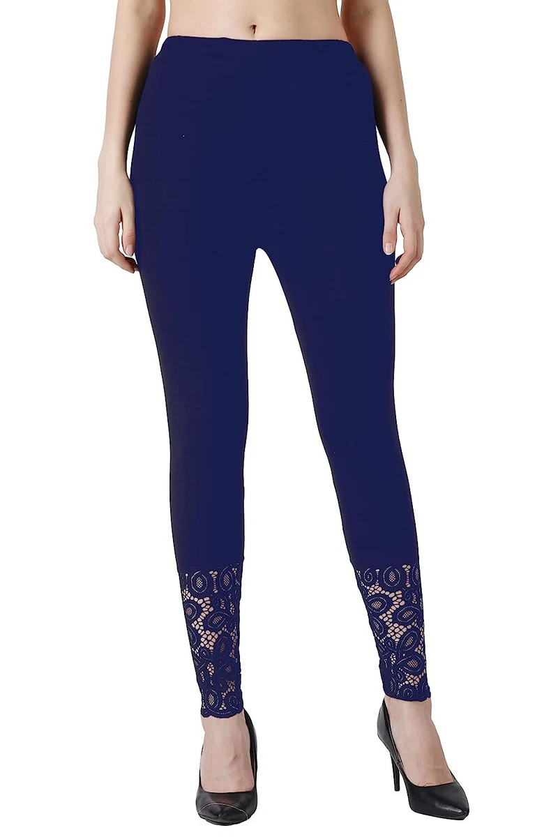 Cotton Spandex Stylish Legging With Lace At Bottom Color Navy Blue