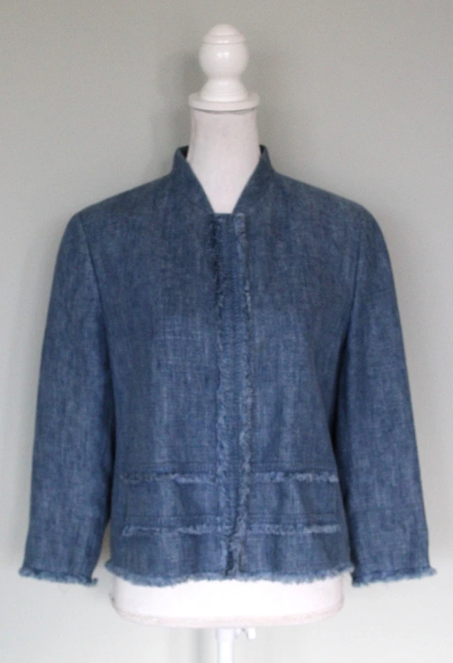 AKRIS PUNTO 100% Linen Blue Fringe Trim Zip Front Jacket, Size 10 - Image 3 of 4