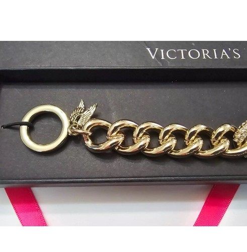 Victoria's Secret Gold Tone Pave Crystal Toggle Angel Bracelet NIB Great Gift! - Picture 2 of 8