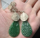 A Pair Chinese Antique Tibetan Silver Inlaid Natural Jade Earrings Lucky Jewelry