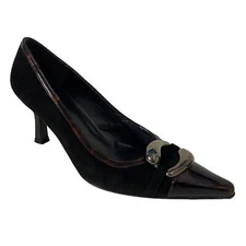 Stuart Weitzman Pump Black Suede Tortoise Shell Patent Trim Cap Point Toe 7.5 M