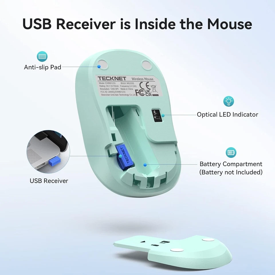 TECKNET Wireless Mouse for Laptop, 2.4GHz USB Mini Cordless Small Green TK-MS006 - Image 4 of 4