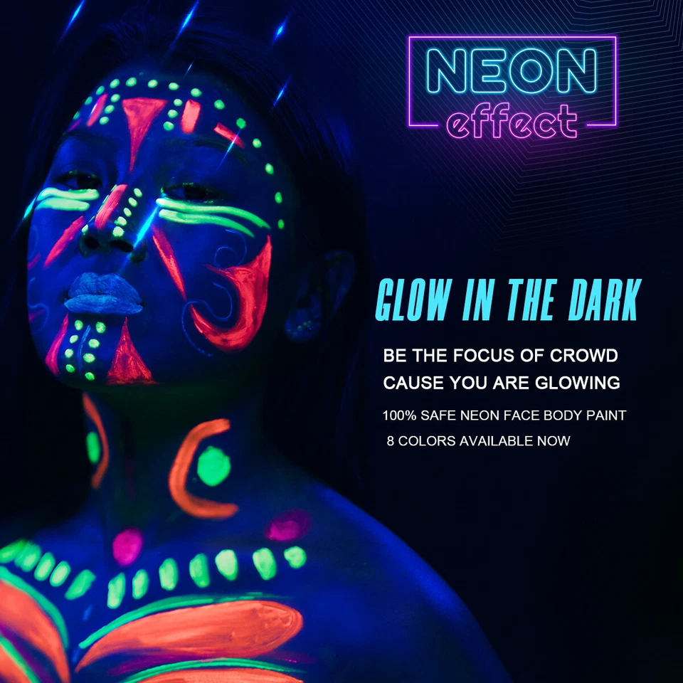 Pintura facial UV de neón pintura corporal 10 ml maquillaje fluorescente festival 8 colores pintura UV Foto 4 de 4