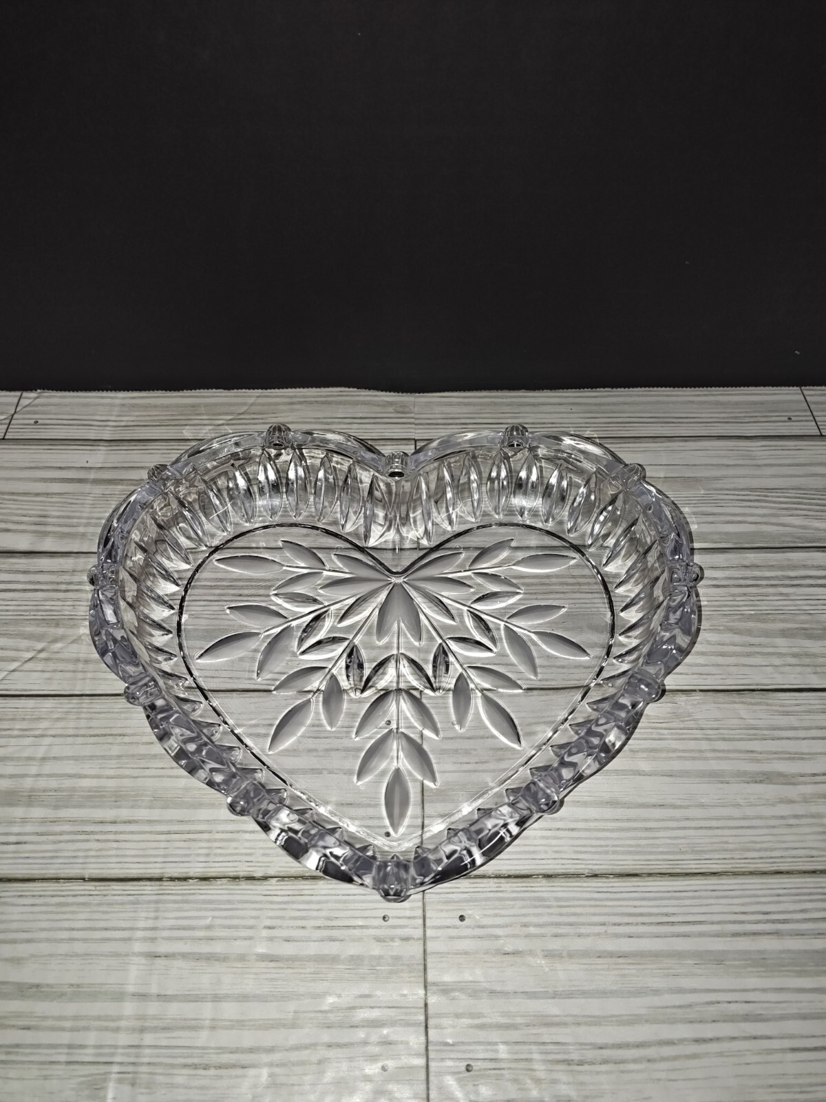 Vintage Etched Cut Glass Heart Shaped Bowl for Candy or Decor