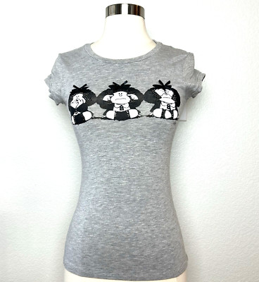 Liu Jo T-shirt Womens Size XS Heather Gray See No Evil Hear No Evil Studded