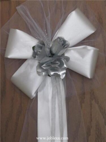 6 SILVER ROSES WHITE satin ribbon pew bows for occasions - Picture 1 of 3