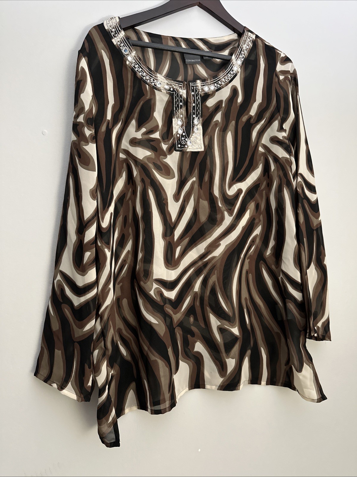 Covington Women's XL Brown Black & Beige Embellished Neck Tunic Blouse