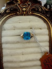 Estate Jewelry Blue Topaz Emerald Cut Gem set in 10k Yellow Gold Setting Size 7