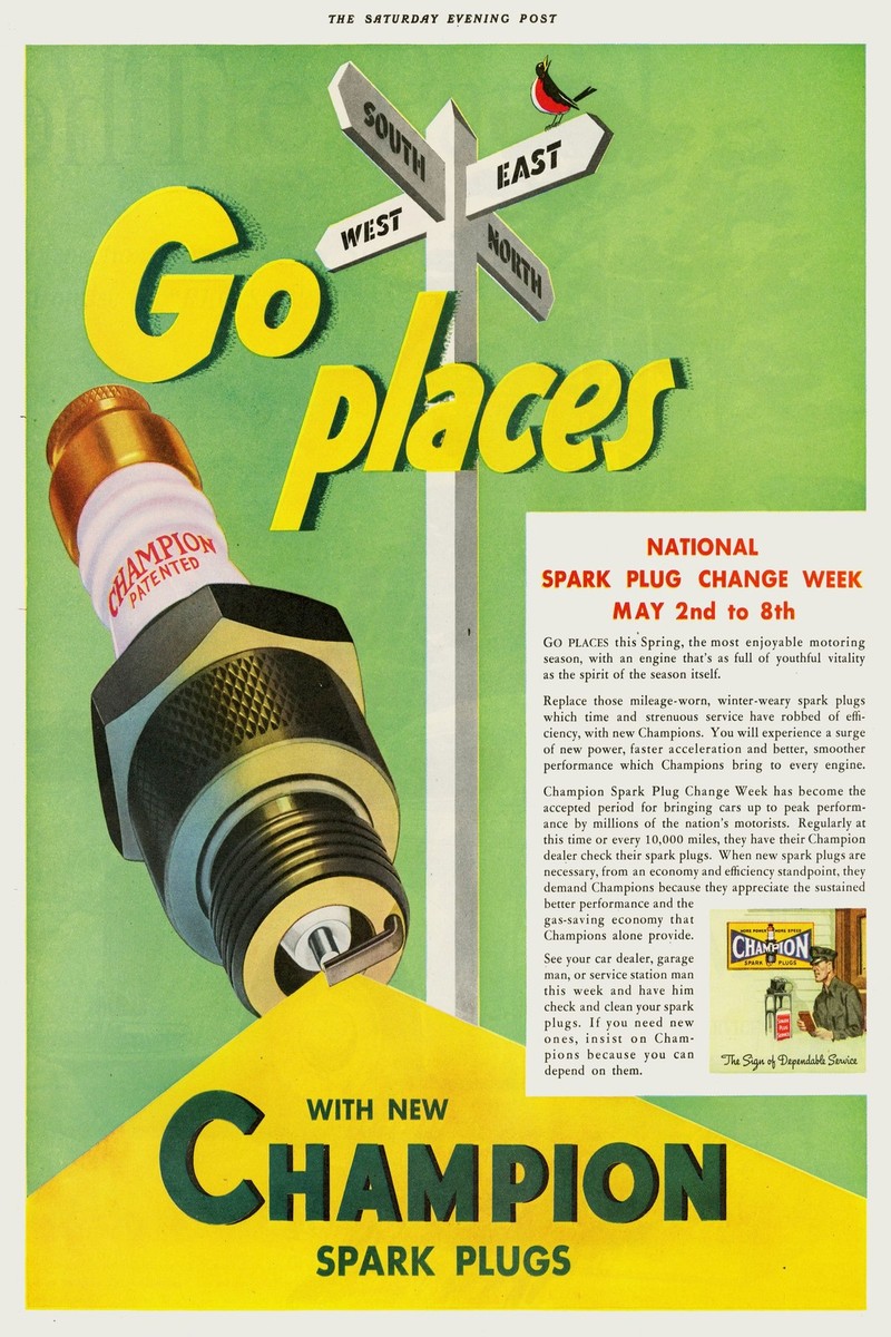 🚗 Vintage Champion Spark Plugs Poster - Go Places (1950s) - 24x36