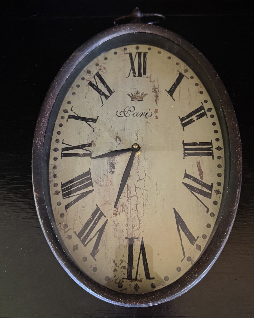 Roman Numeral Paris Wall Clock 15” Tall Oval Antique Look Brown Sturdy Quality