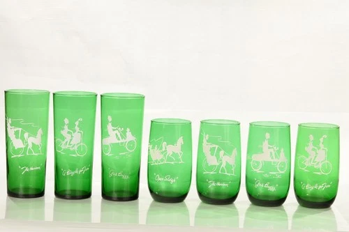 Lot of 7 Vintage 1950s-1960s Anchor Hocking Green Highball & Tumbler Glasses