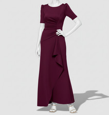 Xscape Women's Purple Scuba Crepe Ruched High Neck Short-Sleeve Dress Size 16