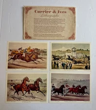 Vintage Currier & Ives Lithographs  Set 4 Day At The Races Collection 5x7” Art