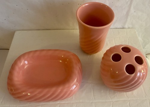 Juego de baño 3 Andre Richard años 80 de colección nuevo en stock cepillo de dientes soporte de jabón taza rosa salmón - Imagen 2 de 9