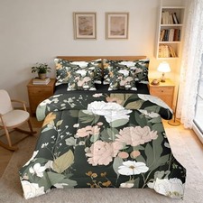 Floral Flower Comforter Set with Sheets 7 Piece Rustic King Black White Green