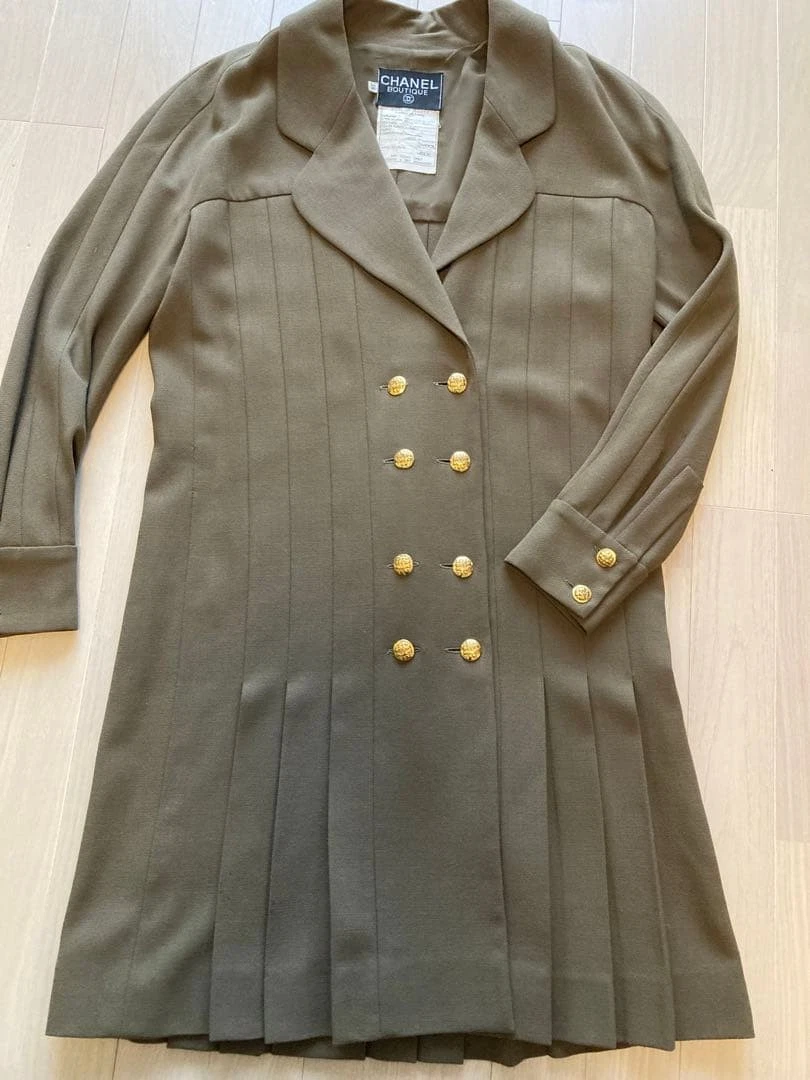 Chanel — CHANEL Wool Silk Dress Brown Coco Button Long Sleeve Size 34 France SR2190