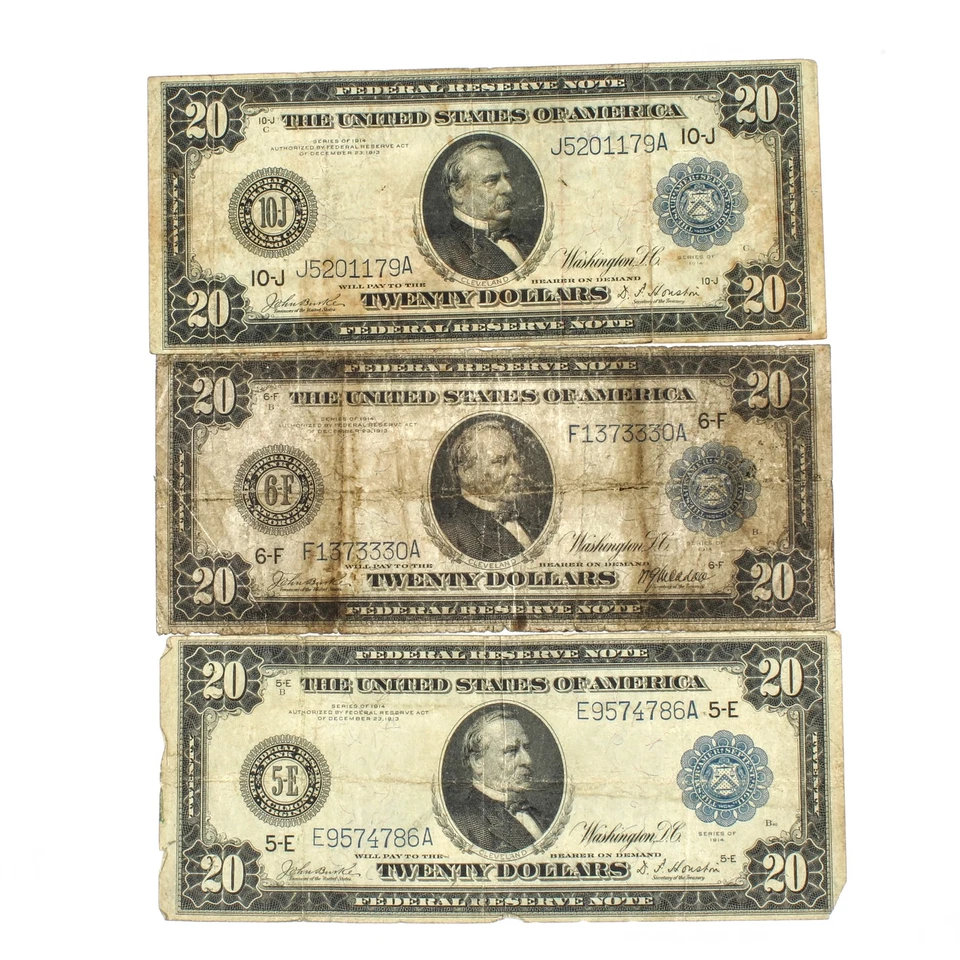 1914 Series $20 Large Federal Reserve Notes United States Lot of 5 NR #C762-2 - Image 2 of 4