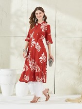 Dark Orange Rayon A-Line Kurta for Women Ethnic Indian Long Kurti Plus Size
