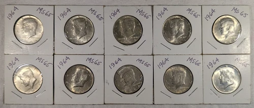 LOT OF 10 UNC 1964 KENNEDY HALF DOLLAR COINS $5 FACE VALUE UNCIRCULATED #86