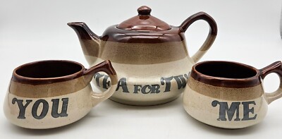 Vintage Tea For Two Me & You Brown Stoneware Teapot With Cups 16oz Teapot Decor 