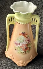 Vintage Austria Crown logo 6" Vase Double Handle Porcelain Floral Yellow Peach