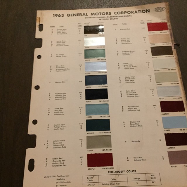 1963 CHEVROLET,CORVETTE,OLDSMOBILE,BUICK PAINT CHIPS CHART ORIGINAL