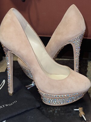 NEW B Brian Atwood BFFRANCOISE Crystals Tan Suede Platform Stiletto Pump Sz 7
