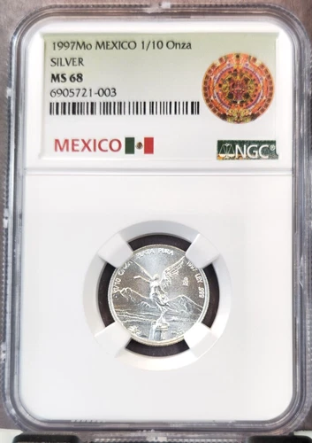 1997 MEXICO SILVER LIBERTAD 1/10 ONZA NGC MS 68 SCARCE HIGH GRADE GEM