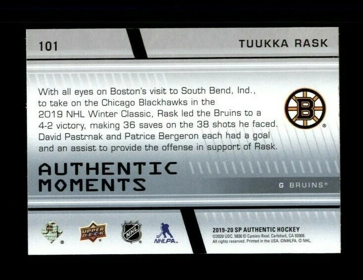 2019-20 SP Authentic #101 Tuukka Rask AM (ref 98466) - Image 2 of 2