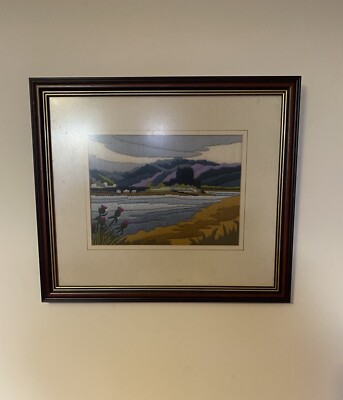 Vintage schottischer Kreuzstich Eilean Donan Castle 13 x 15,5  Schottland Distel