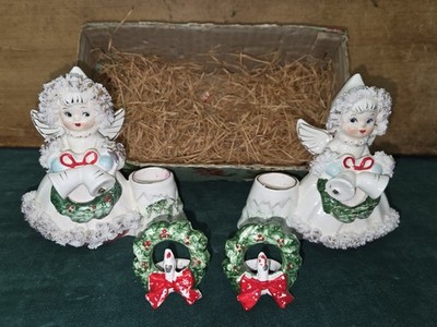 2 Vintage Commodore Spaghetti Trim Angel Candle Holders & Candle Rings Japan