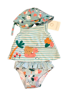 NWT   Mayoral Baby Swimsuit 3 Pc Mint Tropical w Baby Sunhat - 4-6 months