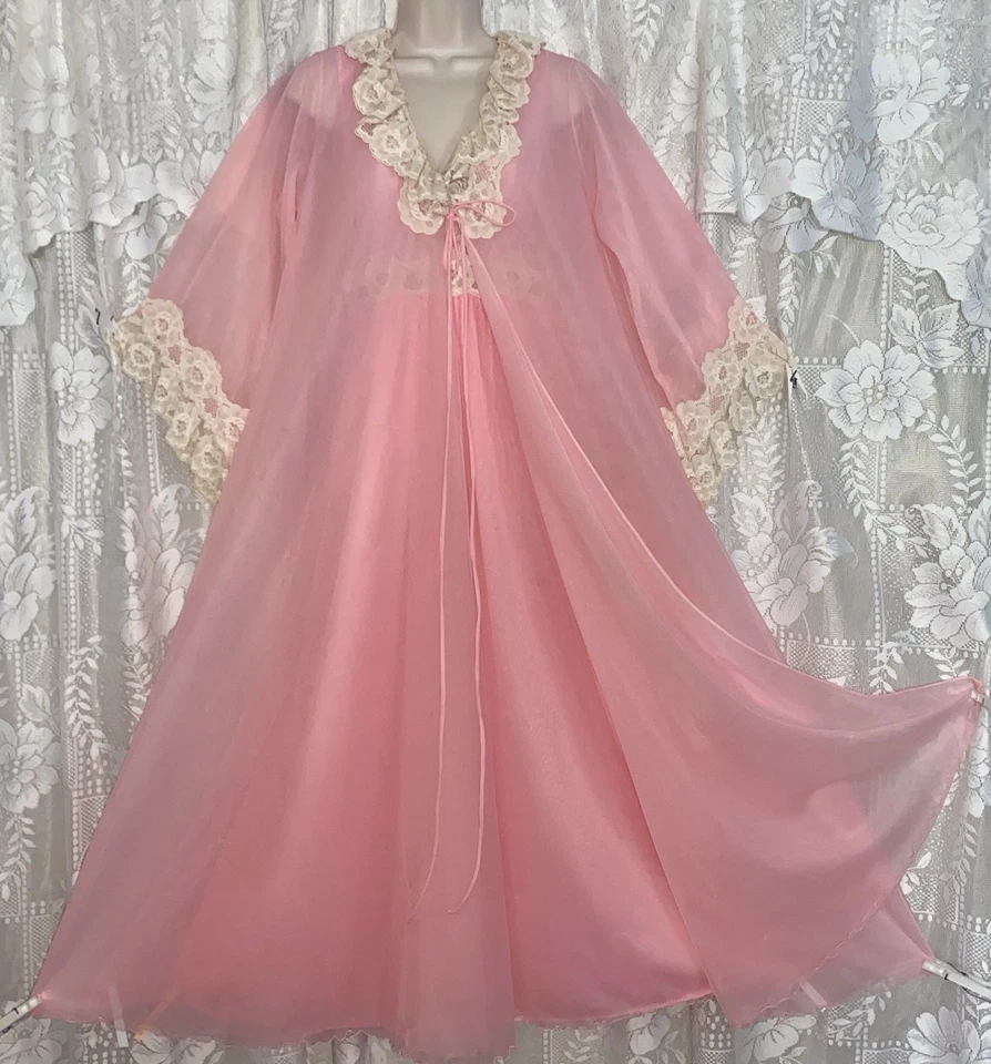 De Colección P S INTIME Rosa Db Chifón Transparente PRINCESA PEIGNOIR Bata Camisón con Encaje CONJUNTO Foto 3 de 4