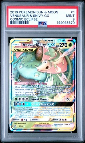 2019 POKEMON SUN & MOON COSMIC ECLIPSE #1 VENUSAUR & SNIVY GX PSA 9