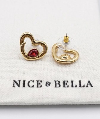 NICE & BELLA Heart Stud Earrings Gold Tone Red Crystal Butterfly Back