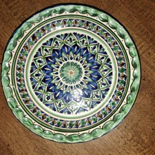 Vtg Uzbekistan Blue & Green Geometric Art Pottery 6" Plate, Wall Decor