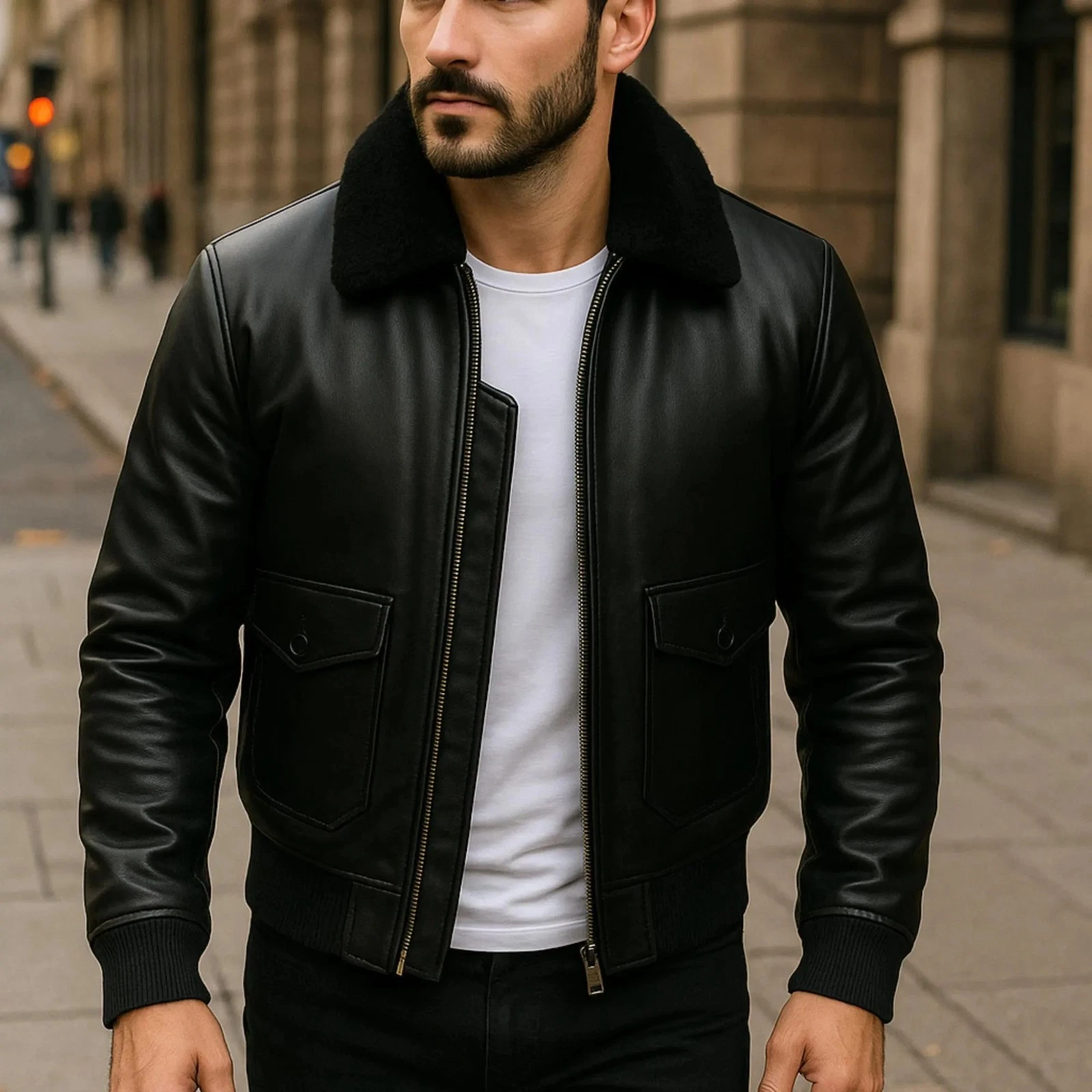 Men's Black Leather Bomber Jacket With Black Fur Collar Classic Winter Style