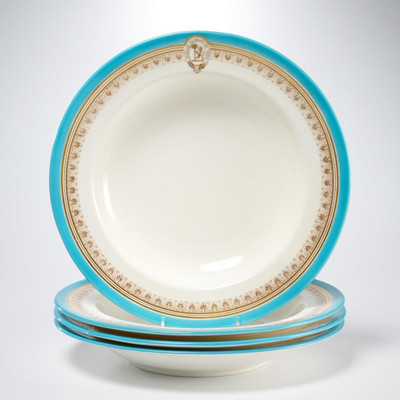 Antique Royal Worcester Blue Courace au Milieu de Croix Lion Soup Bowl 4 Lot A