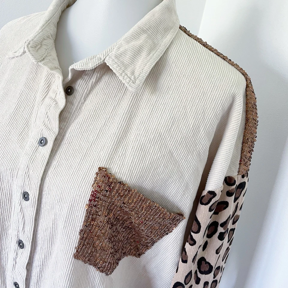 Umgee Lentejuelas Leopardo Estampado Animal Pana Camisa Chaqueta Chaqueta L Grande Boho Foto 4 de 4